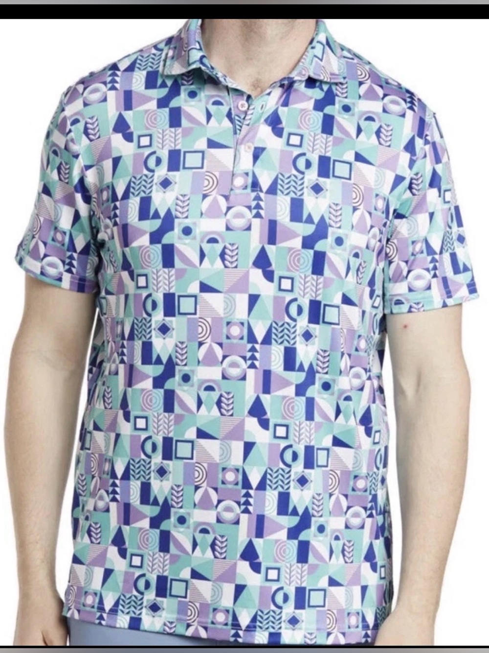 Tailorbyrd Geometric All Over Shapes Mens Blue Green Golf Polo Shirt Sz XL . In